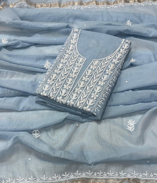 ADITI Powder Blue Pure Mulmul Chikankari Kurta Dupatta Set