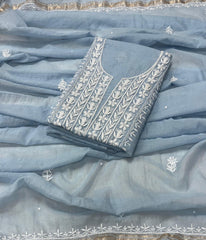 ADITI Powder Blue Pure Mulmul Chikankari Kurta Dupatta Set