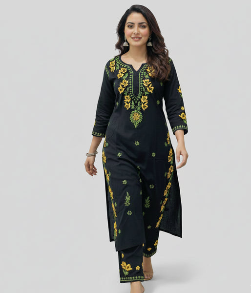 SHREYA Yellow Black Modal Kurti Palazzo Chikankari Set