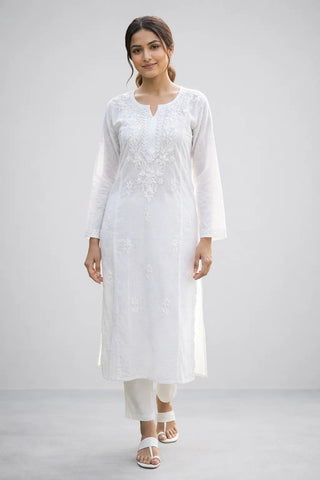 White cotton Chikankari kurti for women with hand embroidered floral design – front view