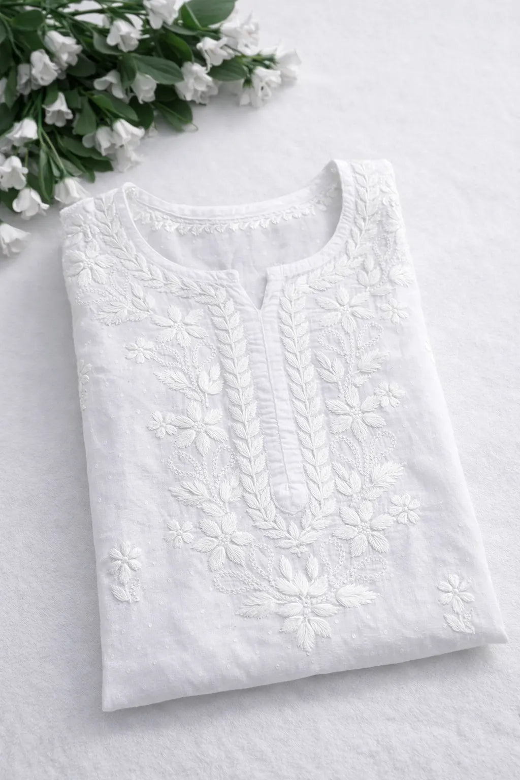 Folded white Chikankari cotton kurti with detailed hand embroidery