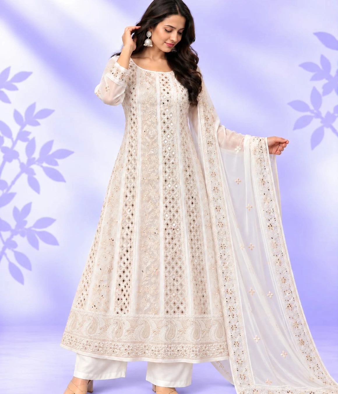 ANU Viscose Georgette Chikankari Anarkali with Dupatta – Gota Patti, Mirror & Kasab Work, Dyeable