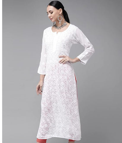 SONAM White Pure Viscose Resham Thread Chikankari Kurti