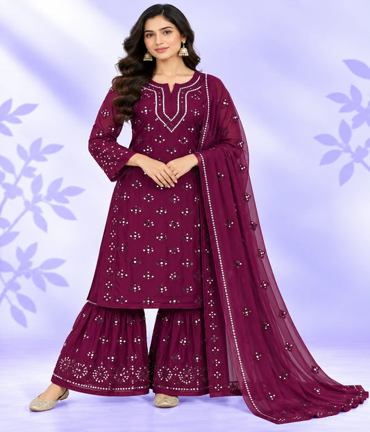 MAHI Mirror Work Lucknowi Chikankari Sharara Set with Dupatta – 3 Piece
