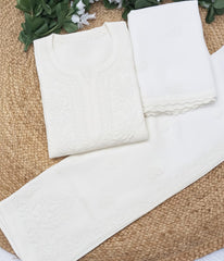 YATI White Pure Viscose Chikankari 3D Emboss 4pcs Set-COLOR CUSTOMIZATION