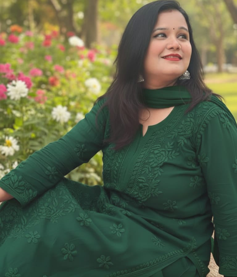 YATI Green Pure Viscose Chikankari 3D Emboss 4pcs Set