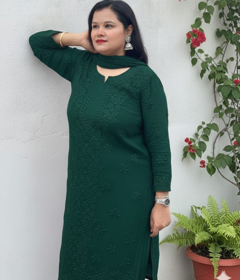 YATI Green Pure Viscose Chikankari 3D Emboss 4pcs Set