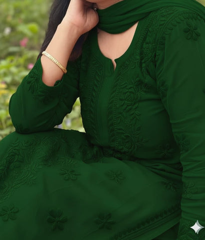 YATI Green Pure Viscose Chikankari 3D Emboss 4pcs Set