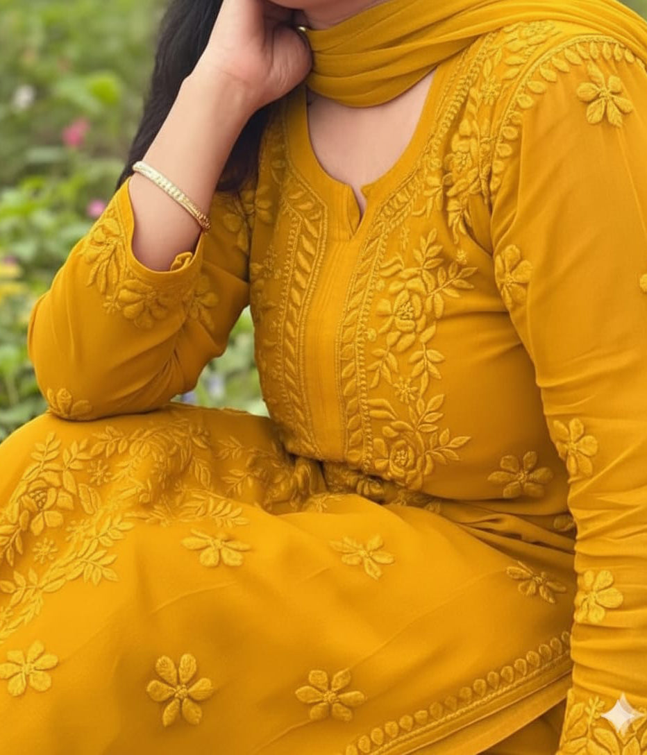 YATI Yellow Pure Viscose Chikankari 3D Emboss 4pcs Set