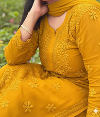 YATI Yellow Pure Viscose Chikankari 3D Emboss 4pcs Set