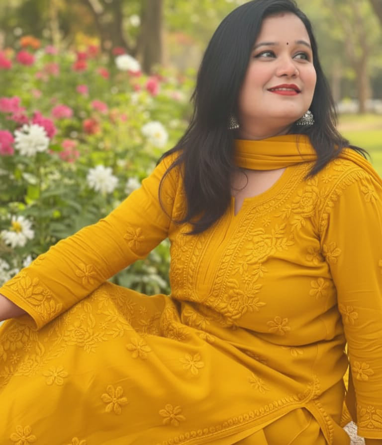 YATI Yellow Pure Viscose Chikankari 3D Emboss 4pcs Set