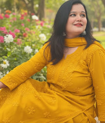 YATI Yellow Pure Viscose Chikankari 3D Emboss 4pcs Set