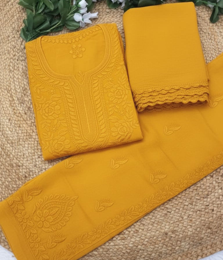 YATI Yellow Pure Viscose Chikankari 3D Emboss 4pcs Set