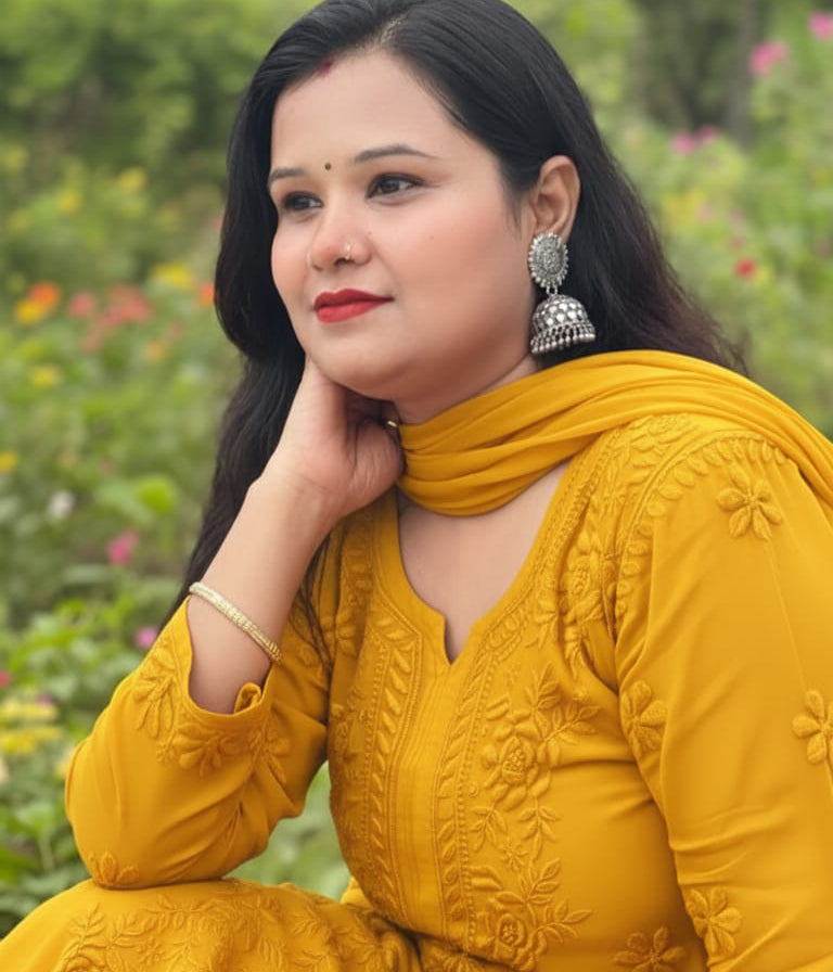 YATI Yellow Pure Viscose Chikankari 3D Emboss 4pcs Set