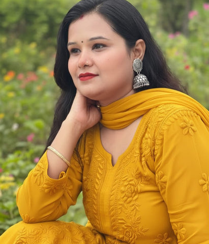 YATI Yellow Pure Viscose Chikankari 3D Emboss 4pcs Set