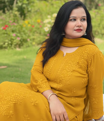 YATI Yellow Pure Viscose Chikankari 3D Emboss 4pcs Set