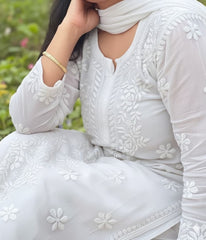 YATI White Pure Viscose Chikankari 3D Emboss 4pcs Set-COLOR CUSTOMIZATION