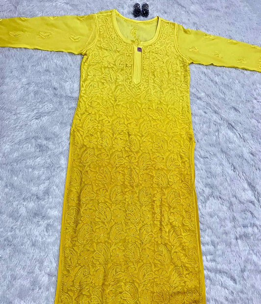SWATI Yellow Pure Viscose Chikankari Resham Omray  Kurti
