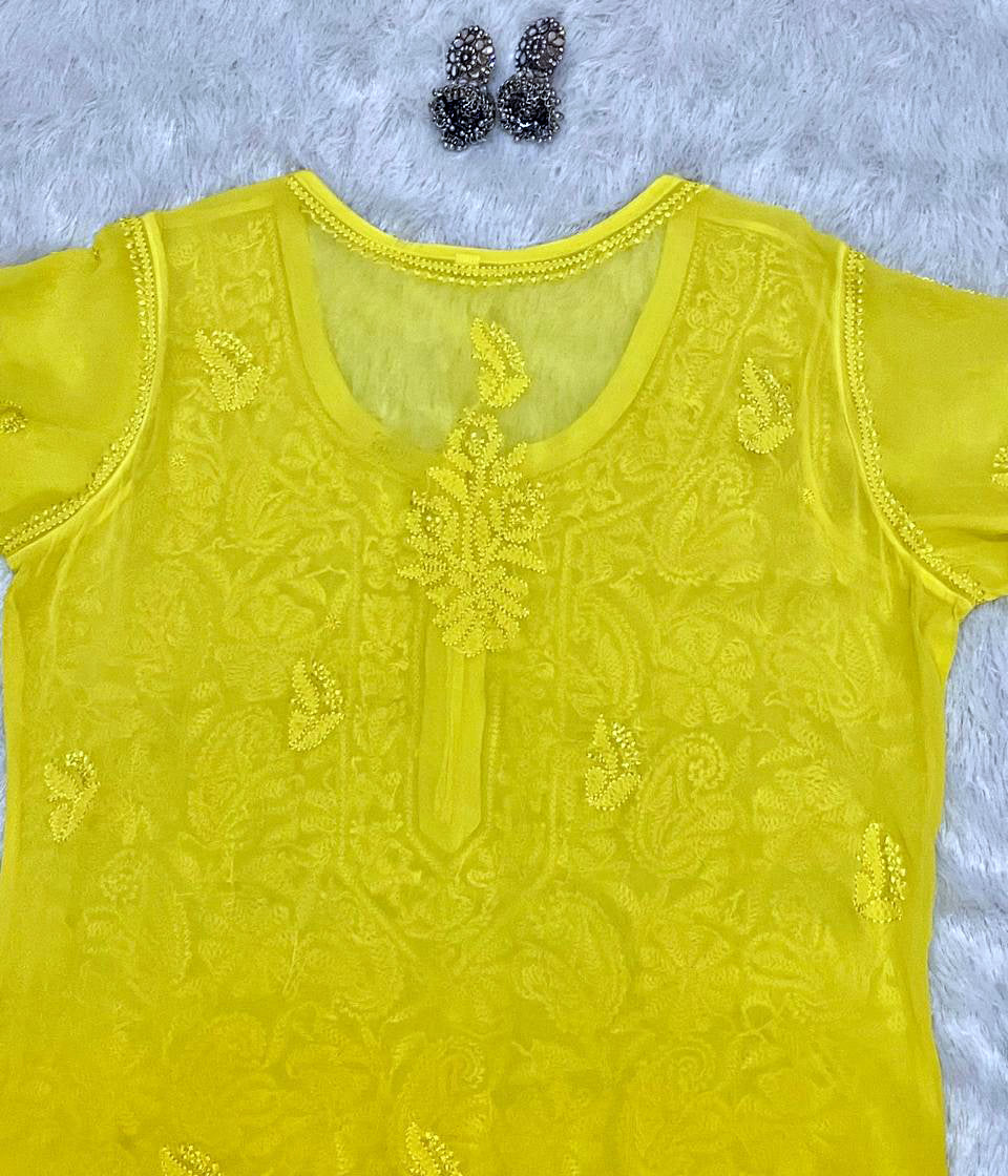 SWATI Yellow Pure Viscose Chikankari Resham Omray  Kurti