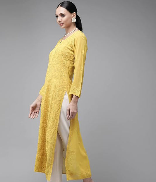 SONAM Yellow Pure Viscose Resham Thread Chikankari Kurta