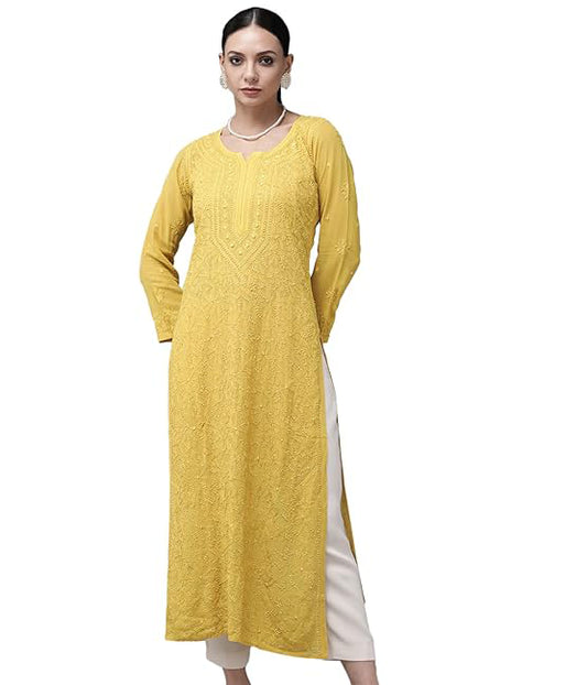 SONAM Yellow Pure Viscose Resham Thread Chikankari Kurta