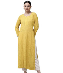 SONAM Yellow Pure Viscose Resham Thread Chikankari Kurti