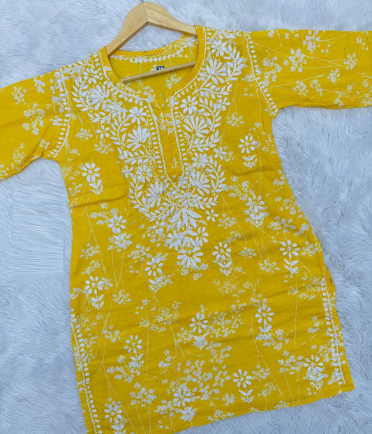 ALIA Yellow Pure Mulmul Chikankari Printed Short Top