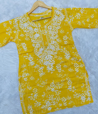 ALIA Yellow Pure Mulmul Chikankari Printed Short Top