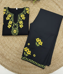 SHREYA Yellow Black Modal Kurti Palazzo Chikankari Set